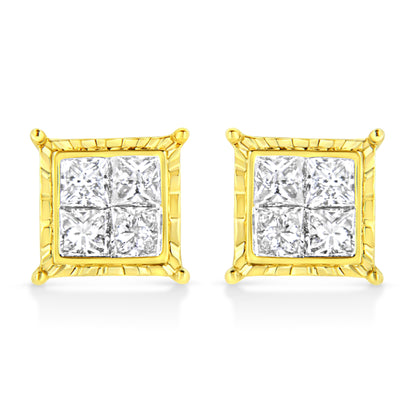 14K Yellow Gold 1.0 Cttw Invisible Set Princess-Cut Diamond Composite 8 Stone Stud Earrings (I-J Color, SI1-SI2 Clarity) Bids.com