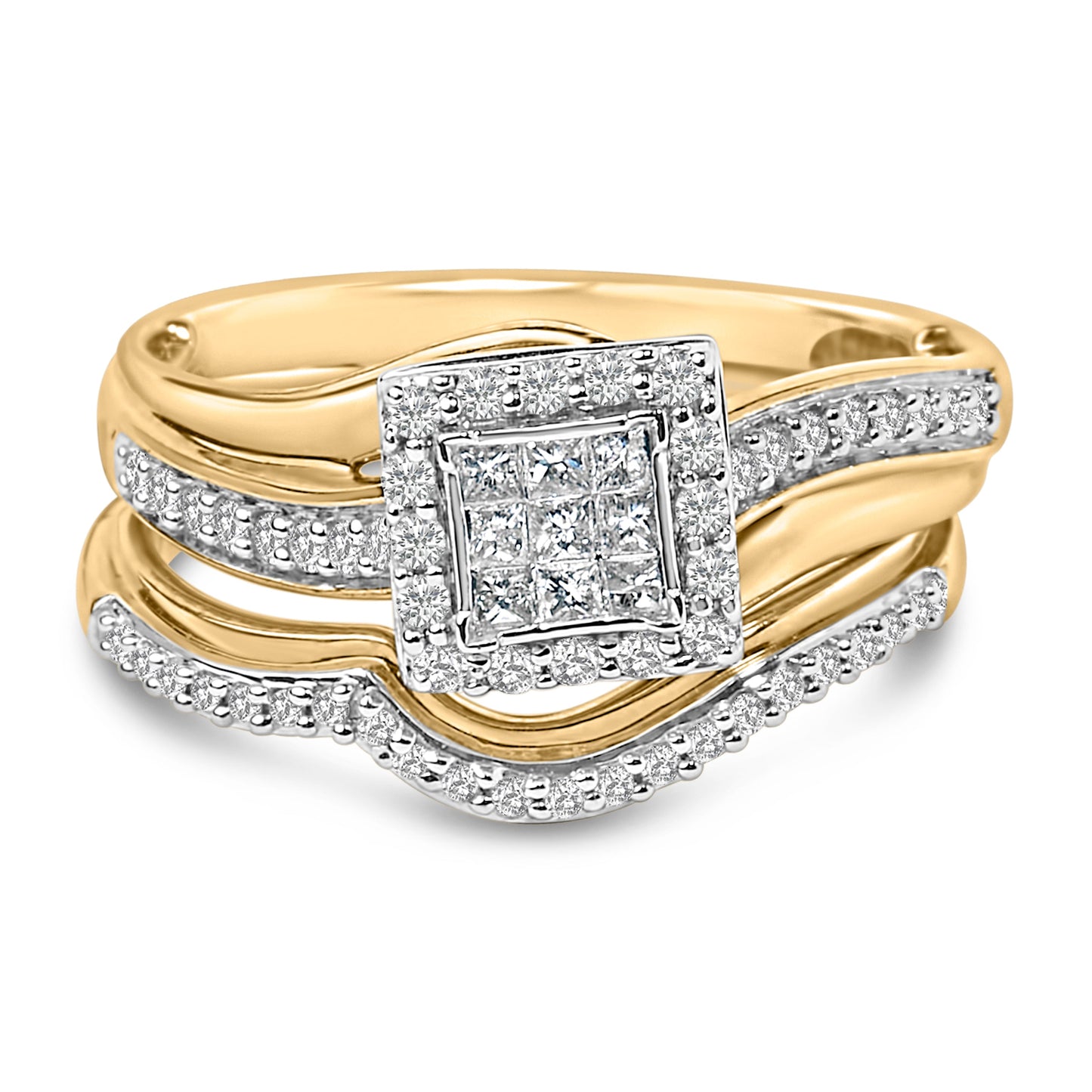 14K Yellow Gold Plated Sterling Silver 1/2 Cttw Princess Square Diamond Bridal Set Bids.com