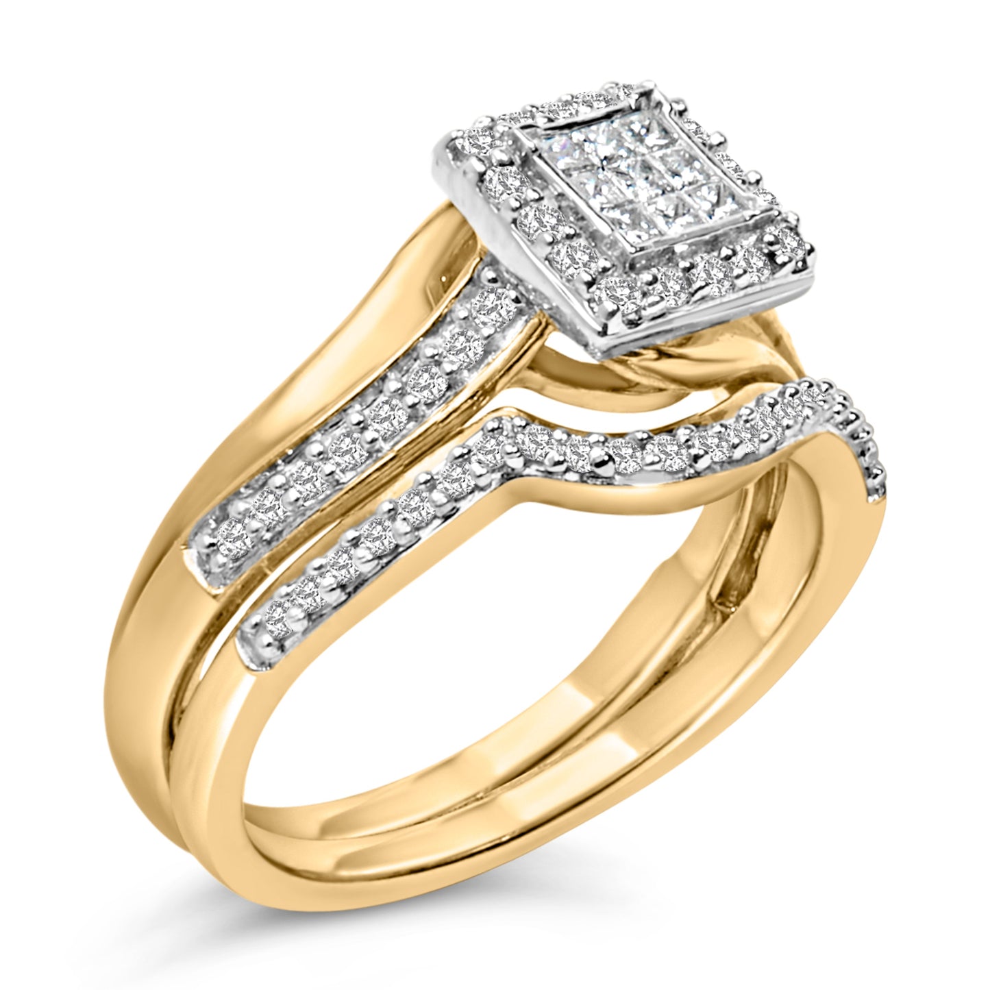 14K Yellow Gold Plated Sterling Silver 1/2 Cttw Princess Square Diamond Bridal Set Bids.com