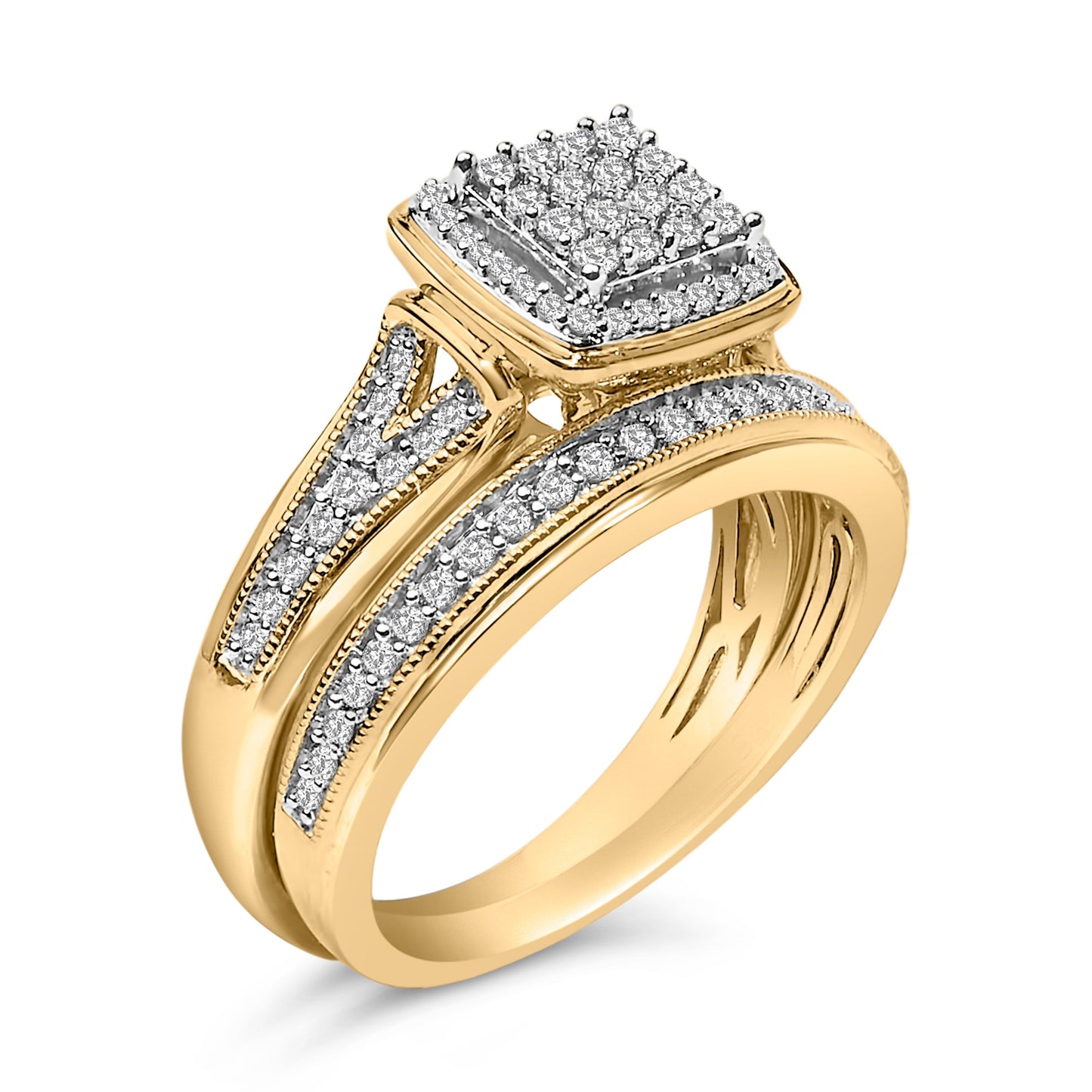 14K Yellow Gold Plated Sterling Silver 1/2 Cttw Diamond Square Cluster Bridal Set Bids.com