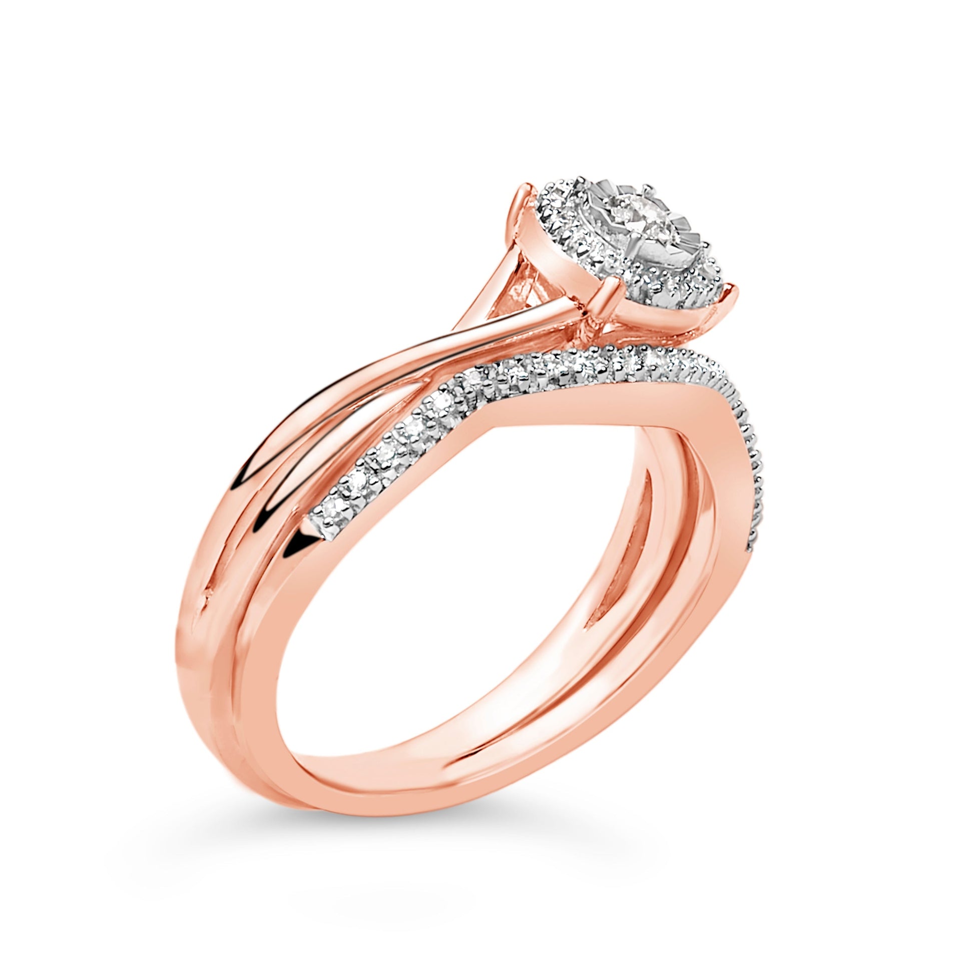 14K Rose Gold Plated Sterling Silver 1/6 Cttw Diamond Round Halo Bridal Set Bids.com