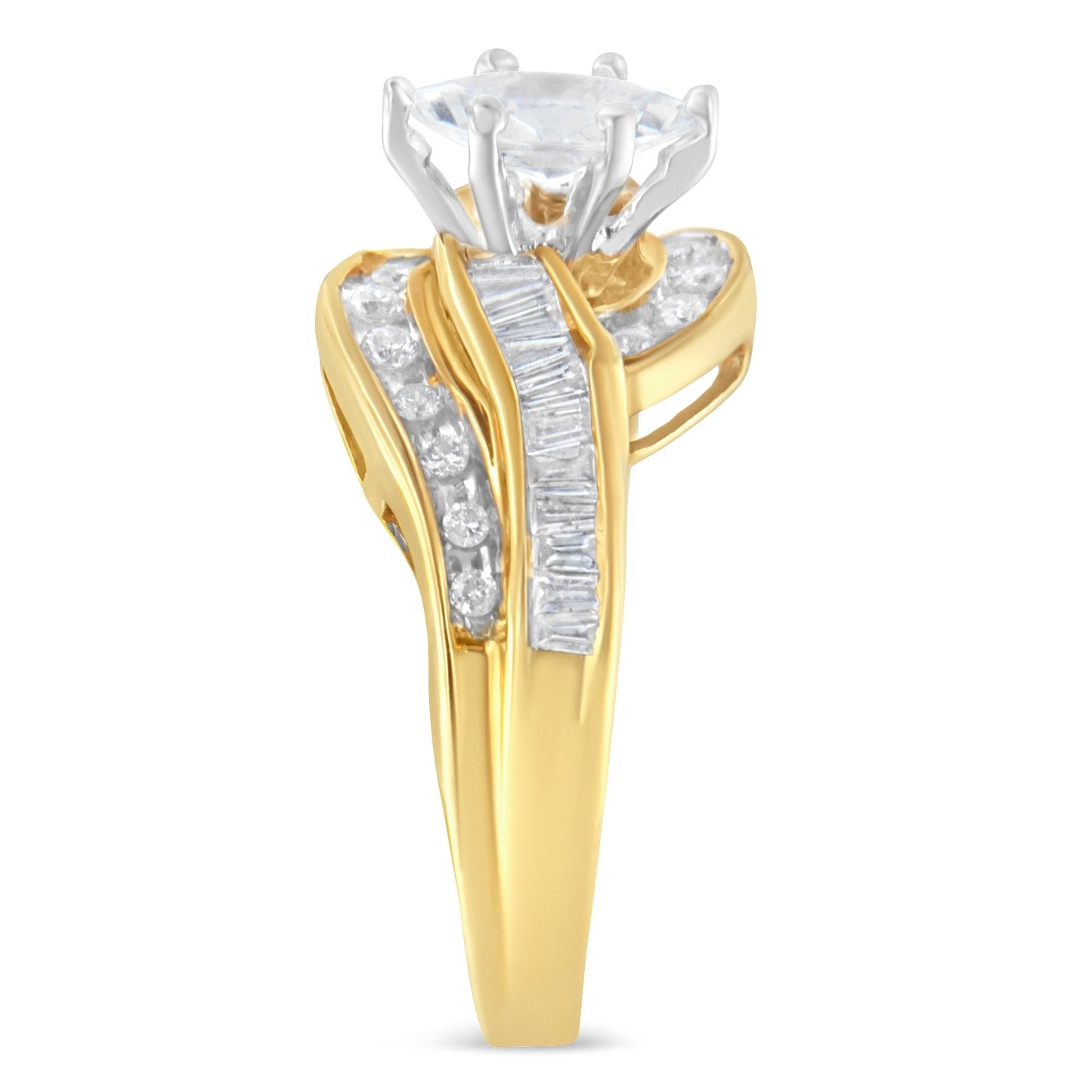 14KT Two-Toned Gold Marquise, Baguette and Round Cut Diamond Bypass Ring (1 cttw, H-I Color, SI1-SI2 Clarity) (Size 7) Bids.com