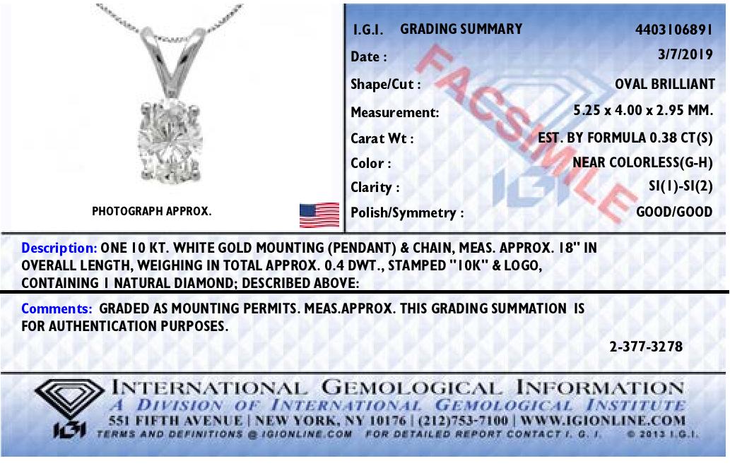 IGI Certified 10K White Gold 3/8 cttw Prong Set Diamond Oval Pendant Necklace (I-J Color, I1 Clarity) - Size 18" Bids.com