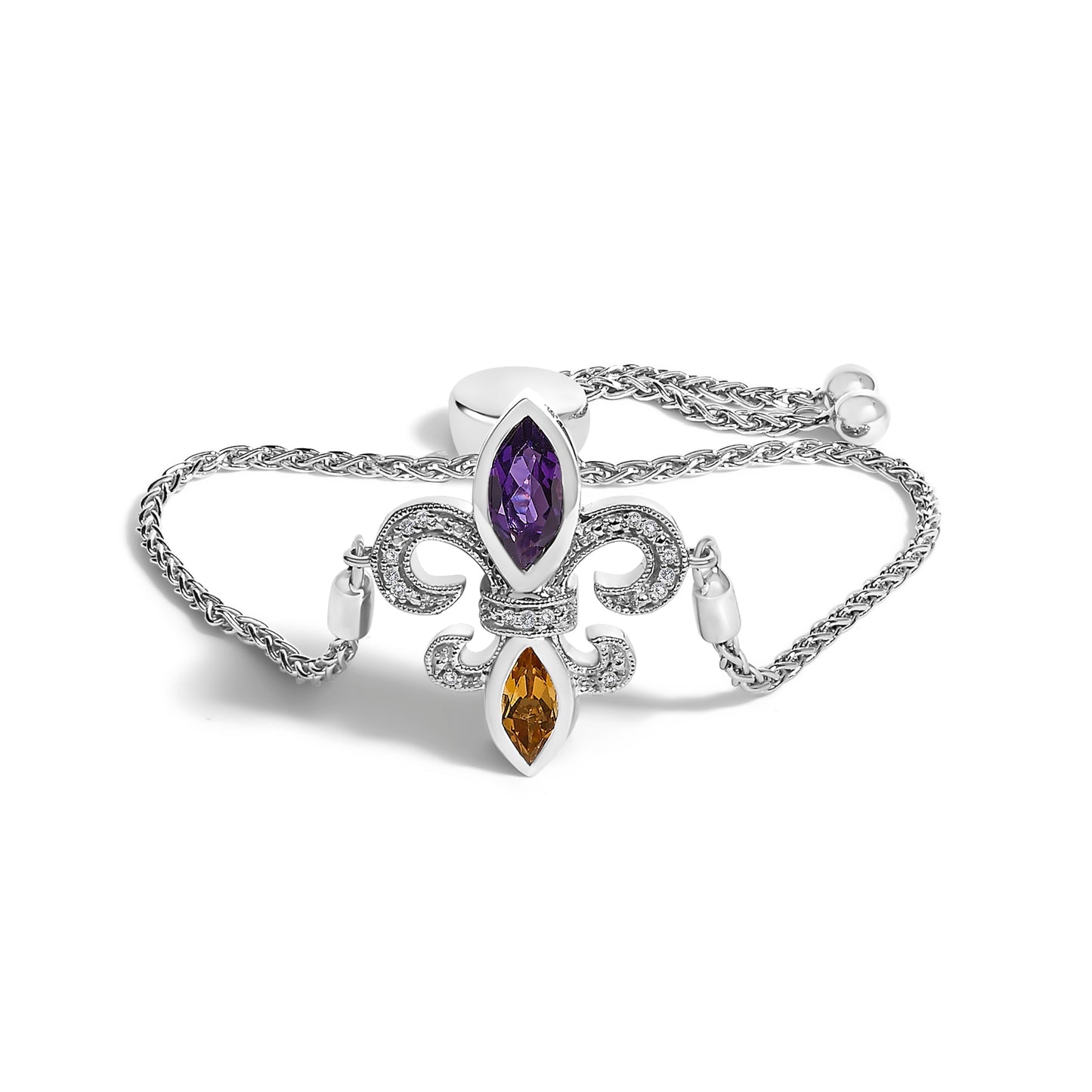 .925 Sterling Silver Marquise Purple Amethyst, Orange Citrine, and Diamond Accent Lariat 4â€-10â€ Fleur De Lis Adjustable Bolo Bracelet (I-J Color, I1-I2 Clarity) Bids.com