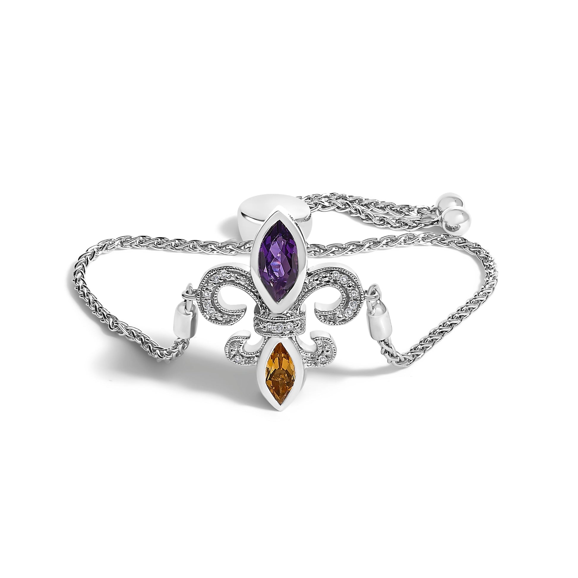 .925 Sterling Silver Marquise Purple Amethyst, Orange Citrine, and Diamond Accent Lariat 4â€-10â€ Fleur De Lis Adjustable Bolo Bracelet (I-J Color, I1-I2 Clarity) Bids.com