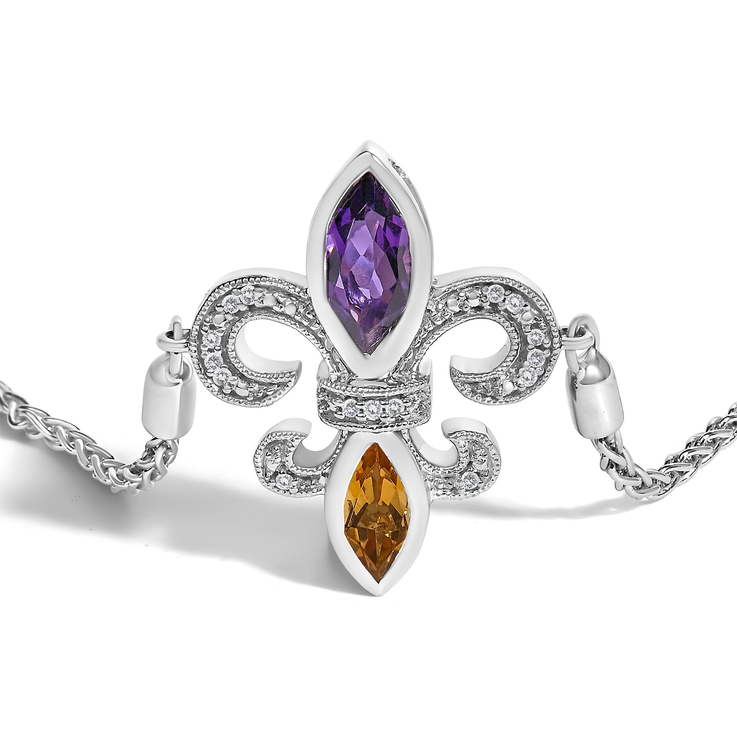 .925 Sterling Silver Marquise Purple Amethyst, Orange Citrine, and Diamond Accent Lariat 4â€-10â€ Fleur De Lis Adjustable Bolo Bracelet (I-J Color, I1-I2 Clarity) Bids.com
