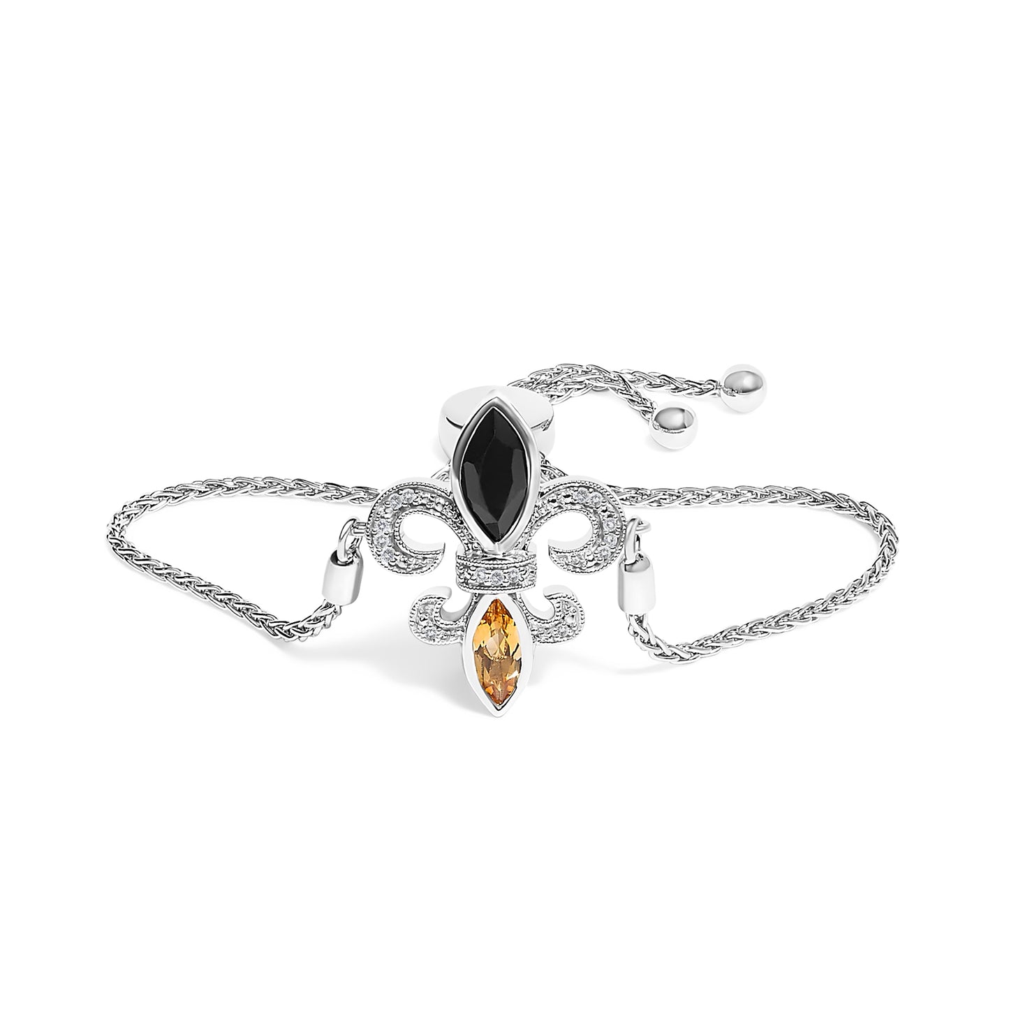 .925 Sterling Silver Marquise Black Onyx, Orange Citrine, and Diamond Accent Lariat 4â€-10â€ Fleur De Lis Adjustable Bolo Bracelet (I-J Color, I1-I2 Clarity) - 7" Bids.com