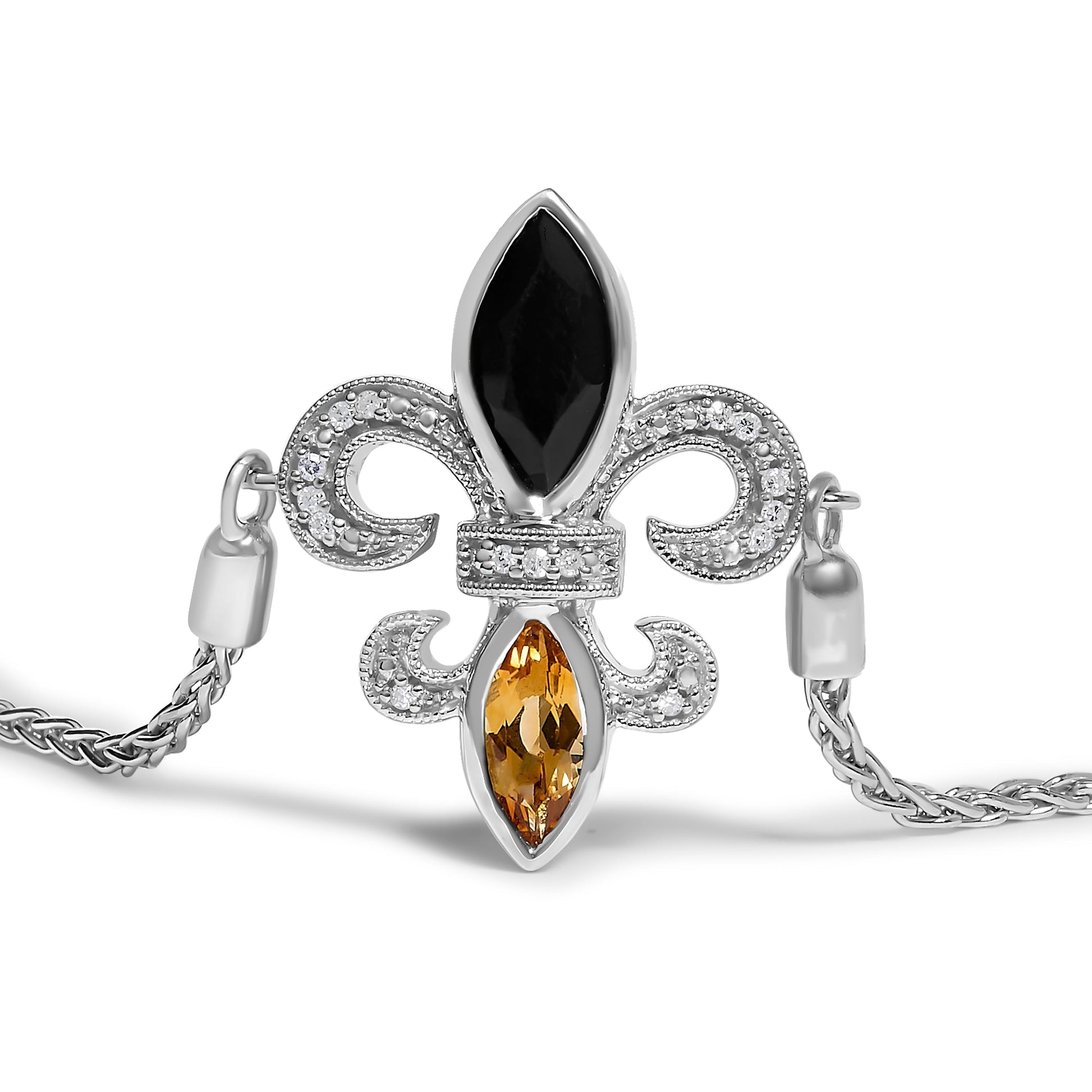 .925 Sterling Silver Marquise Black Onyx, Orange Citrine, and Diamond Accent Lariat 4â€-10â€ Fleur De Lis Adjustable Bolo Bracelet (I-J Color, I1-I2 Clarity) - 7" Bids.com