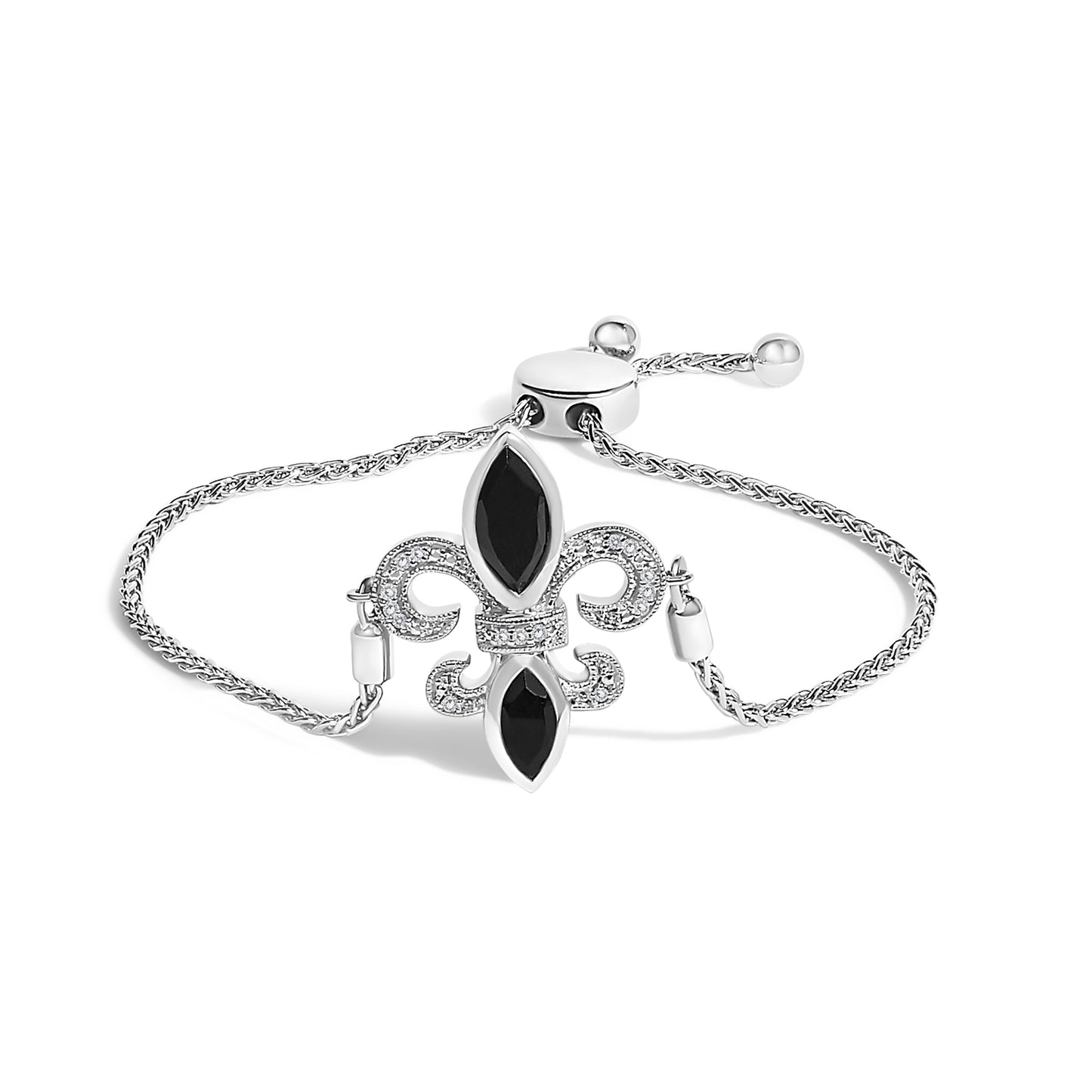 .925 Sterling Silver Marquise Black Onyx and Diamond Accent Lariat 4â€-10â€ Fleur De Lis Adjustable Bolo Bracelet (I-J Color, I1-I2 Clarity) Bids.com