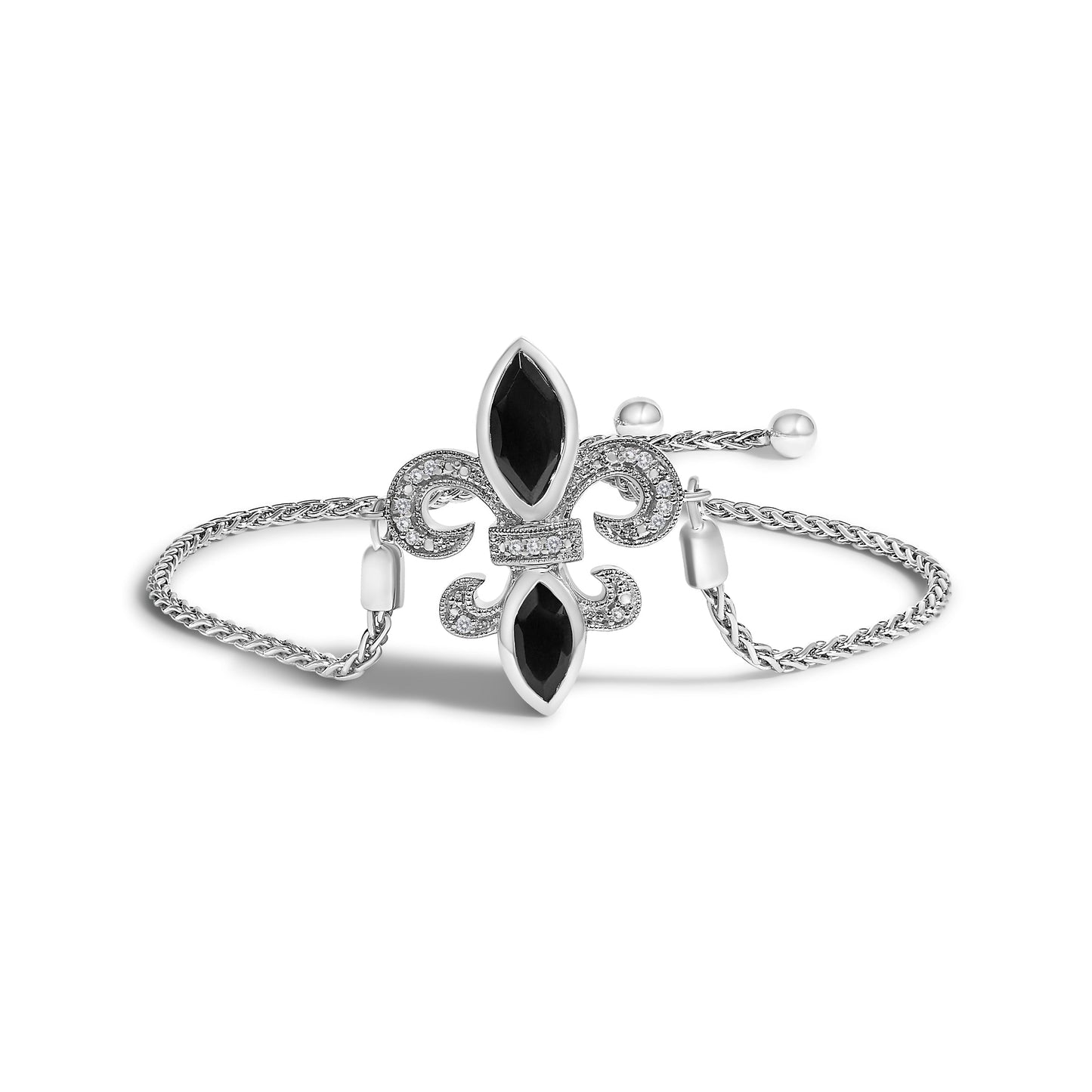 .925 Sterling Silver Marquise Black Onyx and Diamond Accent Lariat 4â€-10â€ Fleur De Lis Adjustable Bolo Bracelet (I-J Color, I1-I2 Clarity) Bids.com