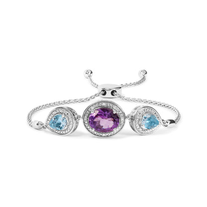 .925 Sterling Silver Oval Amethyst and Pear Blue Topaz with Diamond Accent Lariat 4â€-10â€ Adjustable Bolo Bracelet (H-I Color, SI1-SI2 Clarity) Bids.com