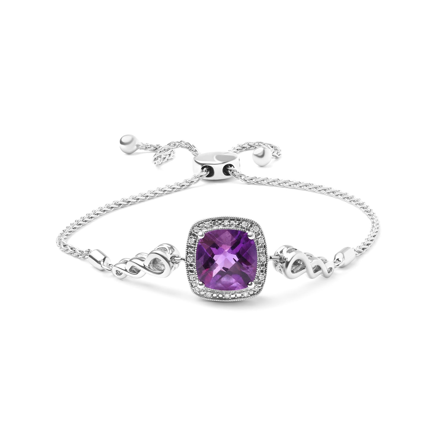 .925 Sterling Silver 10mm Cushion Cut Amethyst Gemstone and Diamond Accent Lariat 4â€-10â€ Adjustable Bolo Bracelet (H-I Color, SI1-SI2 Clarity) Bids.com