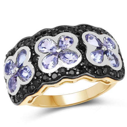 14K Yellow Gold Plated 2.60 Carat Genuine Tanzanite and Black Spinel .925 Sterling Silver Ring Bids.com