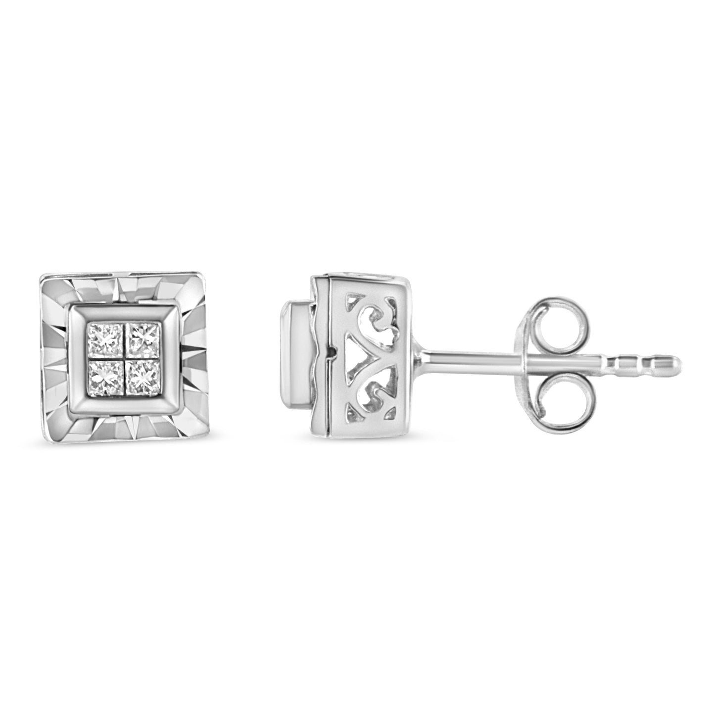 .925 Sterling Silver 1/6 Cttw Invisible Set Princess-Cut Diamond Quad Composite Stud Earrings (H-I Color, I1-I2 Clarity) Bids.com