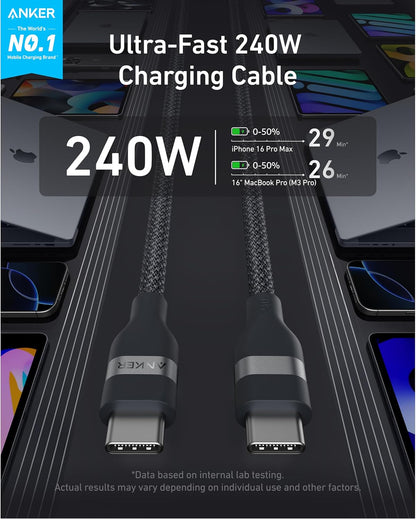 Anker USB-C to USB-C Cable (3 ft / 6 ft, 240W, Upcycled-Braided) Anker