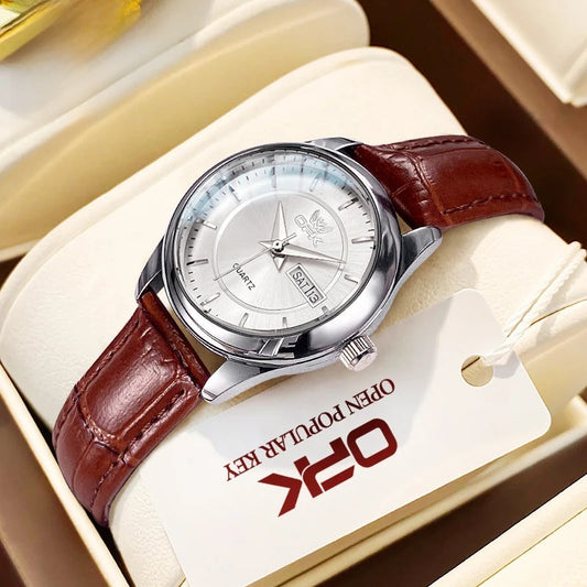Women's Leather Strap Quartz Watch Silver Case Dual Day BandsCo Straps