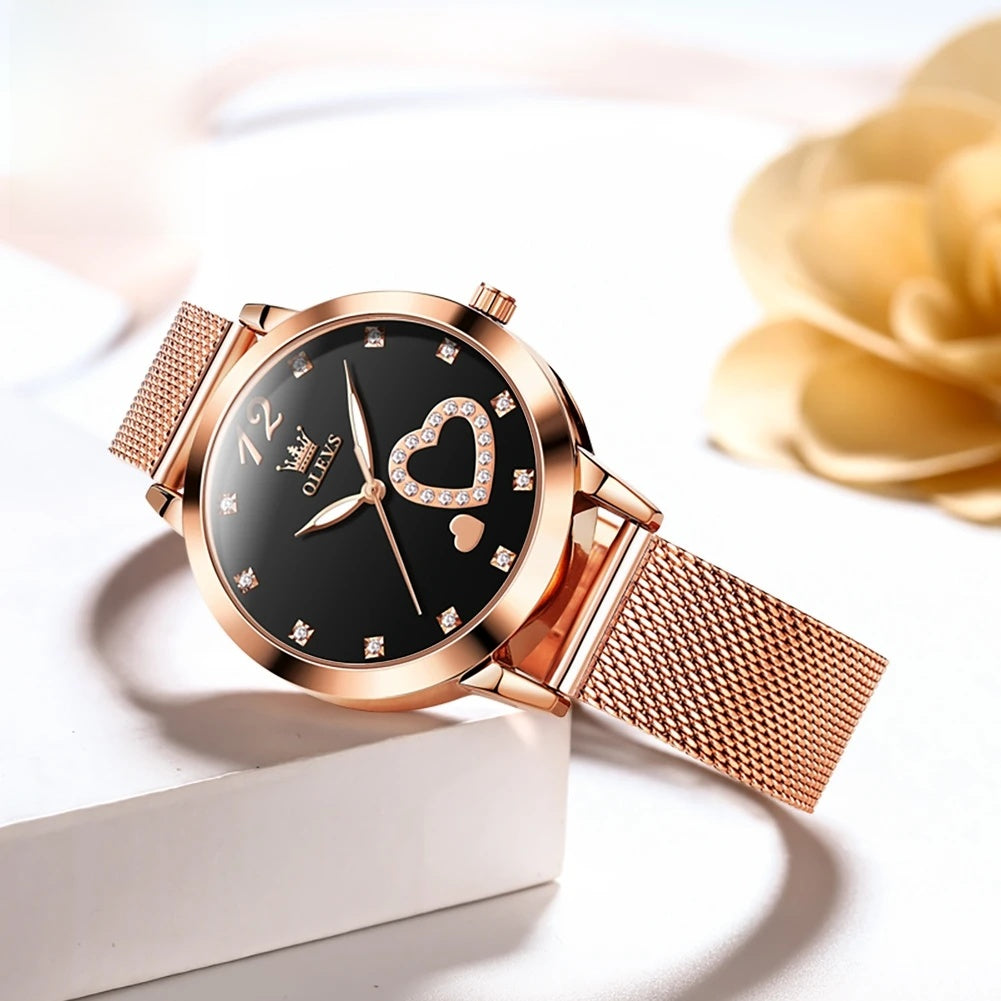 Rose Gold Mesh Women's Watch Heart Crystal Dial Quartz BandsCo Straps