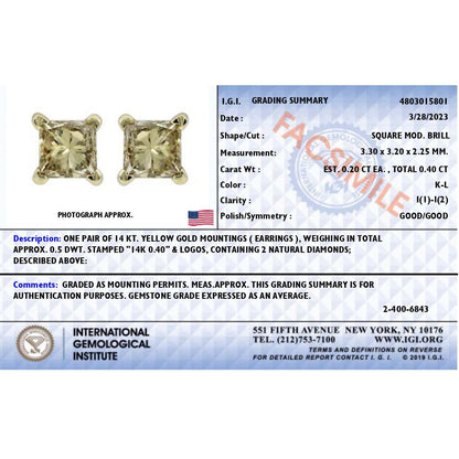 IGI Certified 3/8 Cttw Princess-Cut Square Diamond 4-Prong Solitaire Stud Earrings in 14K Yellow Gold (K-L Color, I1-I2 Clarity) Bids.com