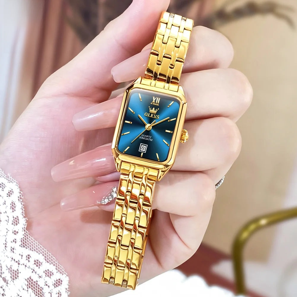 Women's Gold Stainless Steel Rectangular Dress Watch BandsCo Straps