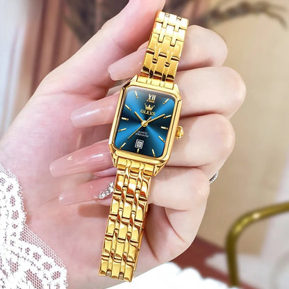 Women's Gold Stainless Steel Rectangular Dress Watch BandsCo Straps