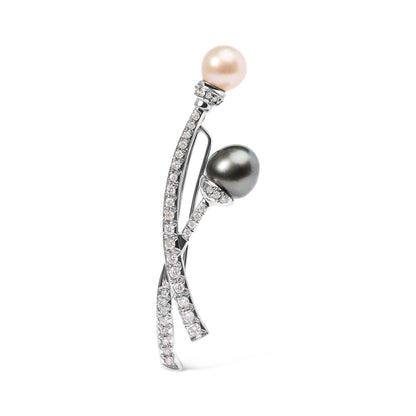18K White Gold 3/5 Cttw Diamond and Cultured South Sea Black and White Pearl Brooch Pin (H-I Color, VS1-VS2 Clarity) Bids.com