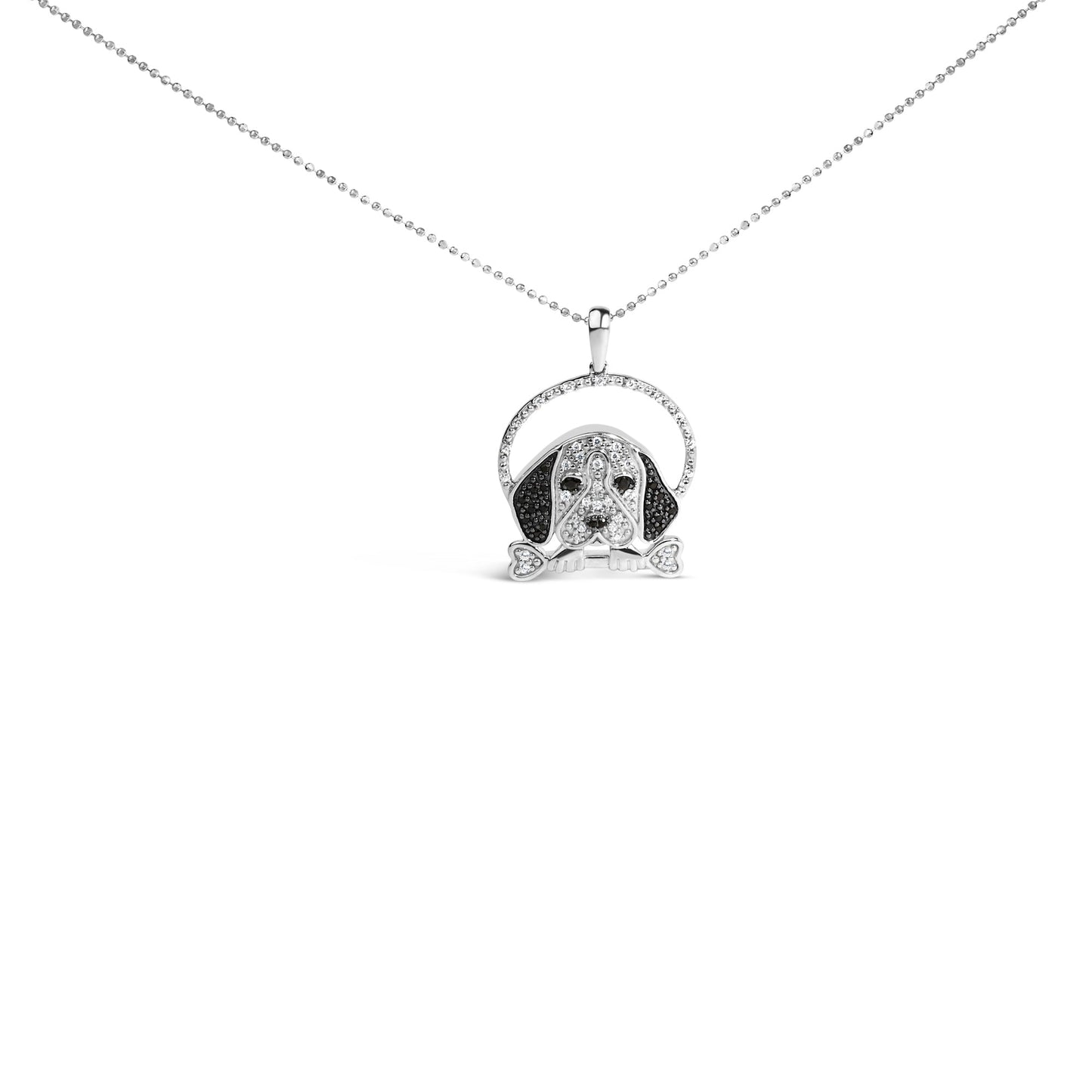 .925 Sterling Silver 1/4 Cttw White and Black Diamond Beagle Dog and Bone Pendant Necklace (I-J Color, I2-I3 Clarity) - 18" Inches Bids.com