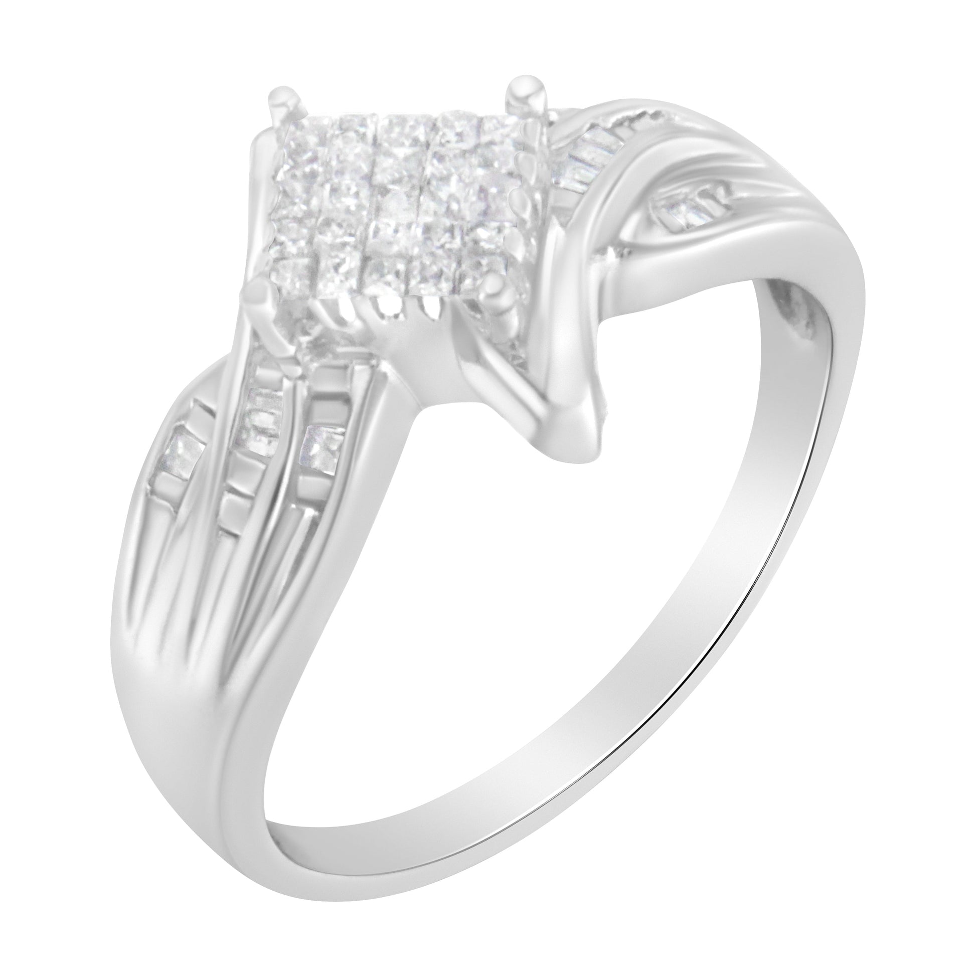 10K White Gold 1/3 Cttw Princess and Baguette Cut Diamond Bypass Style Cocktail Ring (I-J Color, I1-I2 Clarity) - Size 4 Bids.com