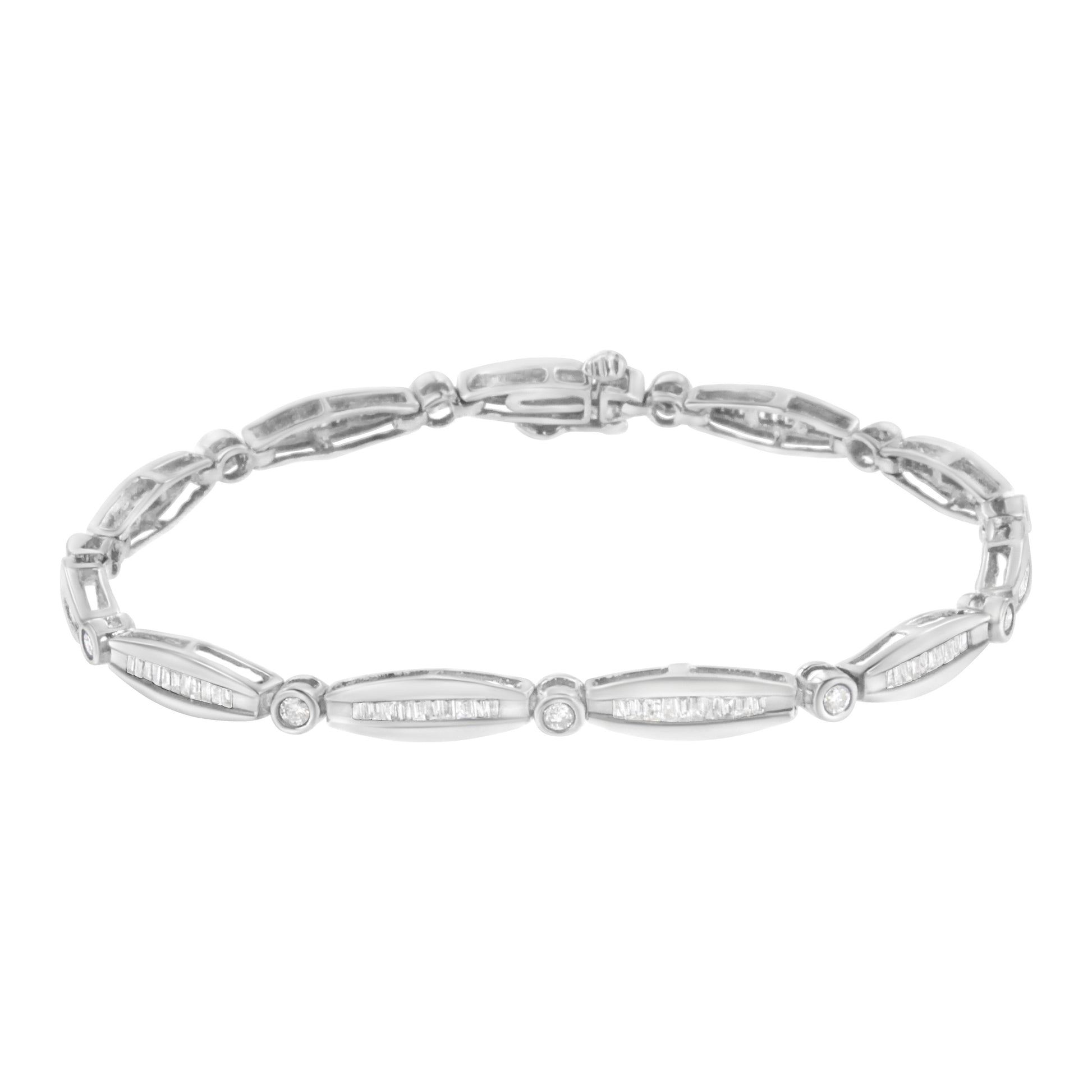14K White Gold 1-1/2 Cttw Round Brilliant-Cut & Baguette Cut Diamond Bezel and Tapered Link 7" Tennis Bracelet (H-I Color, I1-I2 Clarity) Bids.com