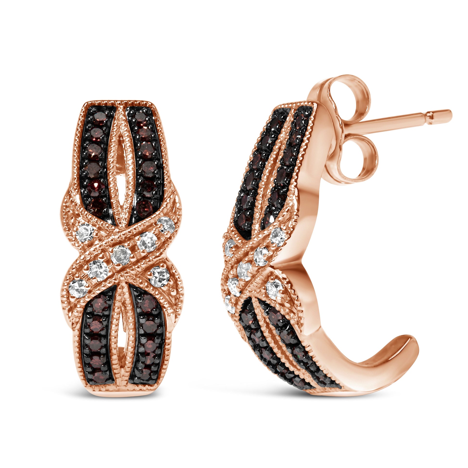10K Rose Gold 1/3 Cttw White and Brown Diamond Milgrain Criss Cross J-Hoop Earrings (I-J Color, I1-I2 Clarity) Bids.com