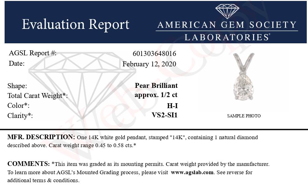 AGS Certified 14K White Gold 1/2 Cttw Diamond Pear 18" Pendant Necklace (H-I Color, VS2-SI1 Clarity) Bids.com