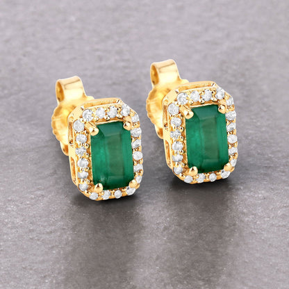 0.91 Carat Genuine Zambian Emerald and White Diamond 14K Yellow Gold Earrings Bids.com