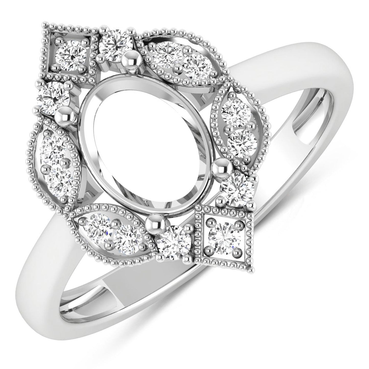 0.20 Carat Genuine White Diamond 14K White Gold Semi Mount Ring - holds 8x6mm Oval Gemstone Bids.com