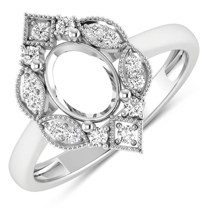 0.20 Carat Genuine White Diamond 14K White Gold Semi Mount Ring - holds 8x6mm Oval Gemstone Bids.com