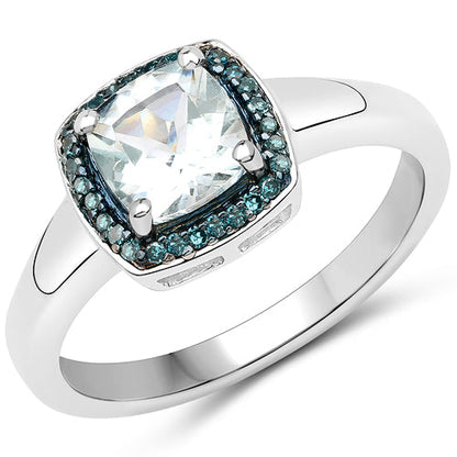 0.83 Carat Genuine Aquamarine and Blue Diamond .925 Sterling Silver Ring Bids.com