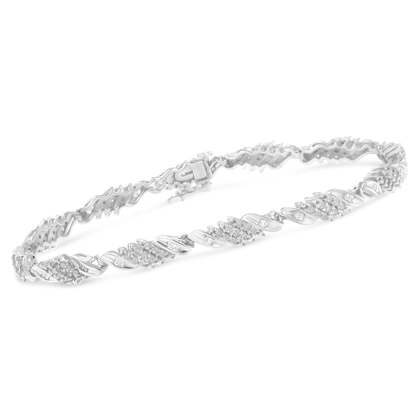 .925 Sterling Silver 1-1/2 Cttw Round and Baguette Cut Diamond Wave Link Bracelet (I-J Color, I2-I3 Clarity) - 7" Bids.com
