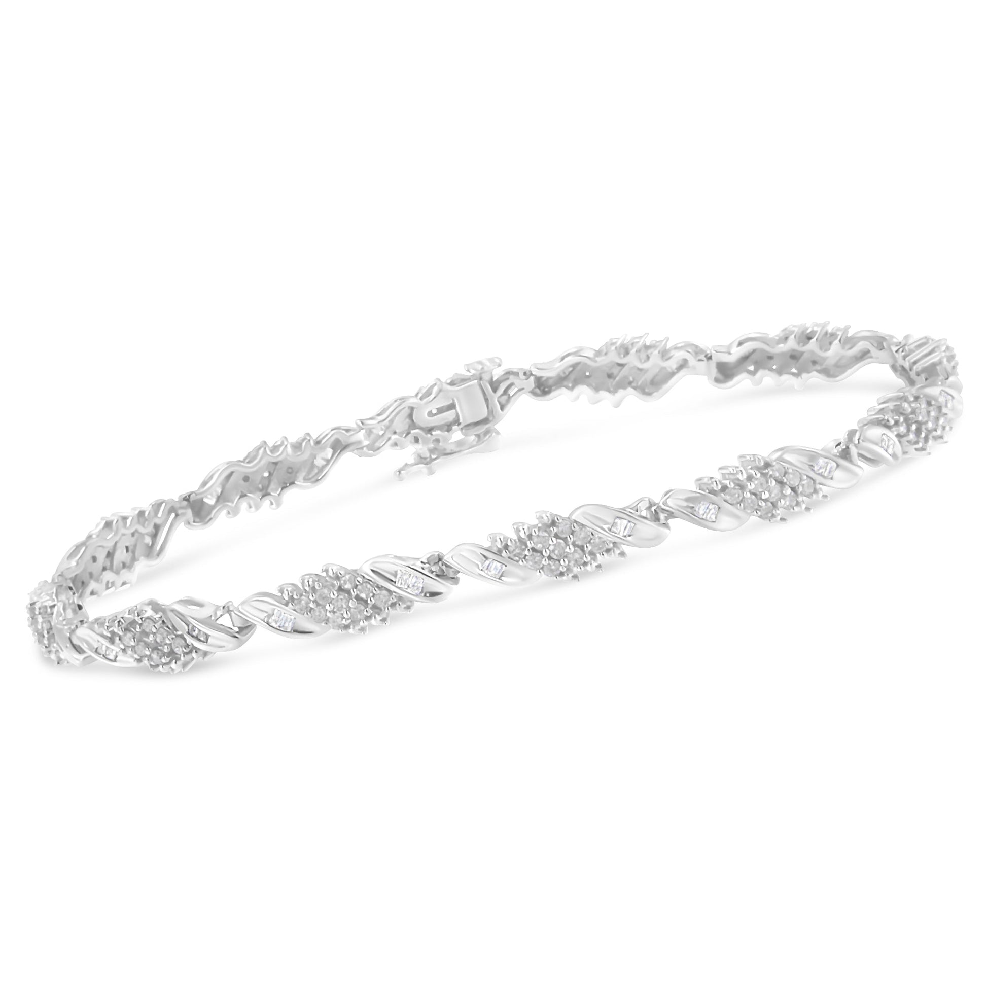 .925 Sterling Silver 1-1/2 Cttw Round and Baguette Cut Diamond Wave Link Bracelet (I-J Color, I2-I3 Clarity) - 7" Bids.com