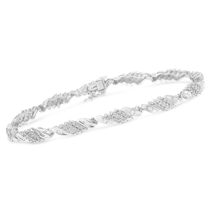 .925 Sterling Silver 1-1/2 Cttw Round and Baguette Cut Diamond Wave Link Bracelet (I-J Color, I2-I3 Clarity) - 7" Bids.com