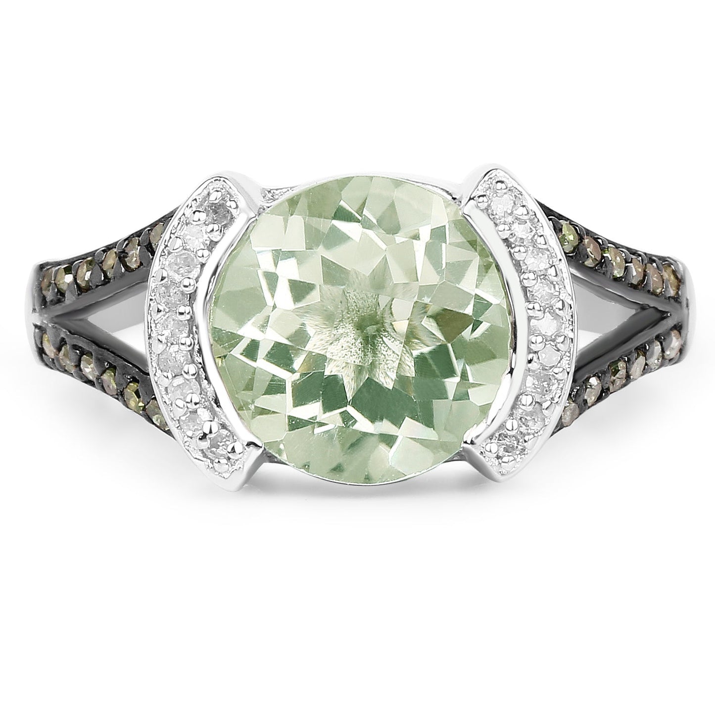 3.59 Carat Genuine Green Amethyst, Green Diamond & White Diamond .925 Sterling Silver Ring Bids.com