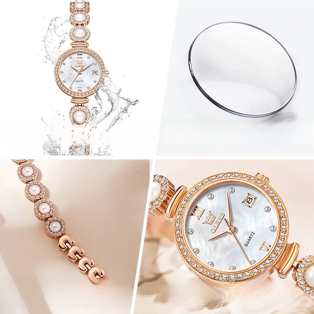 Women's Gold Pearl Bracelet Watch Quartz Date Elegant BandsCo Straps