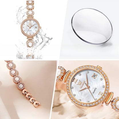 Women's Gold Pearl Bracelet Watch Quartz Date Elegant BandsCo Straps