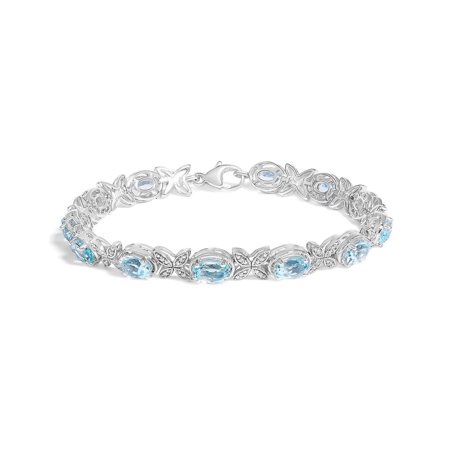 .925 Sterling Silver Oval Blue Topaz Diamond Butterfly Link Bracelet (I-J Color, I1-I2 Clarity) - Size 7" Inches Bids.com