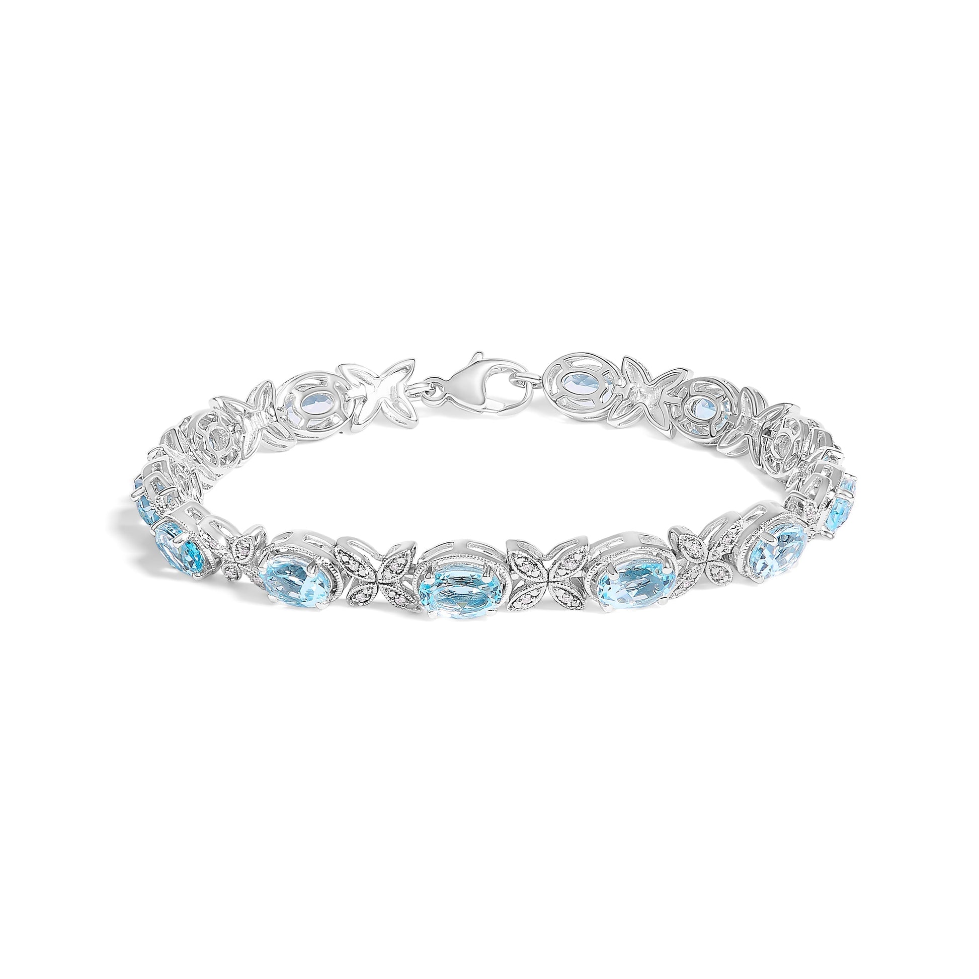 .925 Sterling Silver Oval Blue Topaz Diamond Butterfly Link Bracelet (I-J Color, I1-I2 Clarity) - Size 7" Inches Bids.com