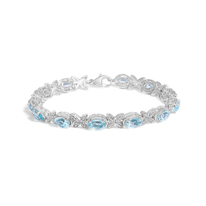 .925 Sterling Silver Oval Blue Topaz Diamond Butterfly Link Bracelet (I-J Color, I1-I2 Clarity) - Size 7" Inches Bids.com