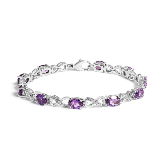 .925 Sterling Silver Oval Purple Amethyst and Diamond Infinity Link Bracelet (I-J Color, I1-I2 Clarity) - 7" Inches Bids.com