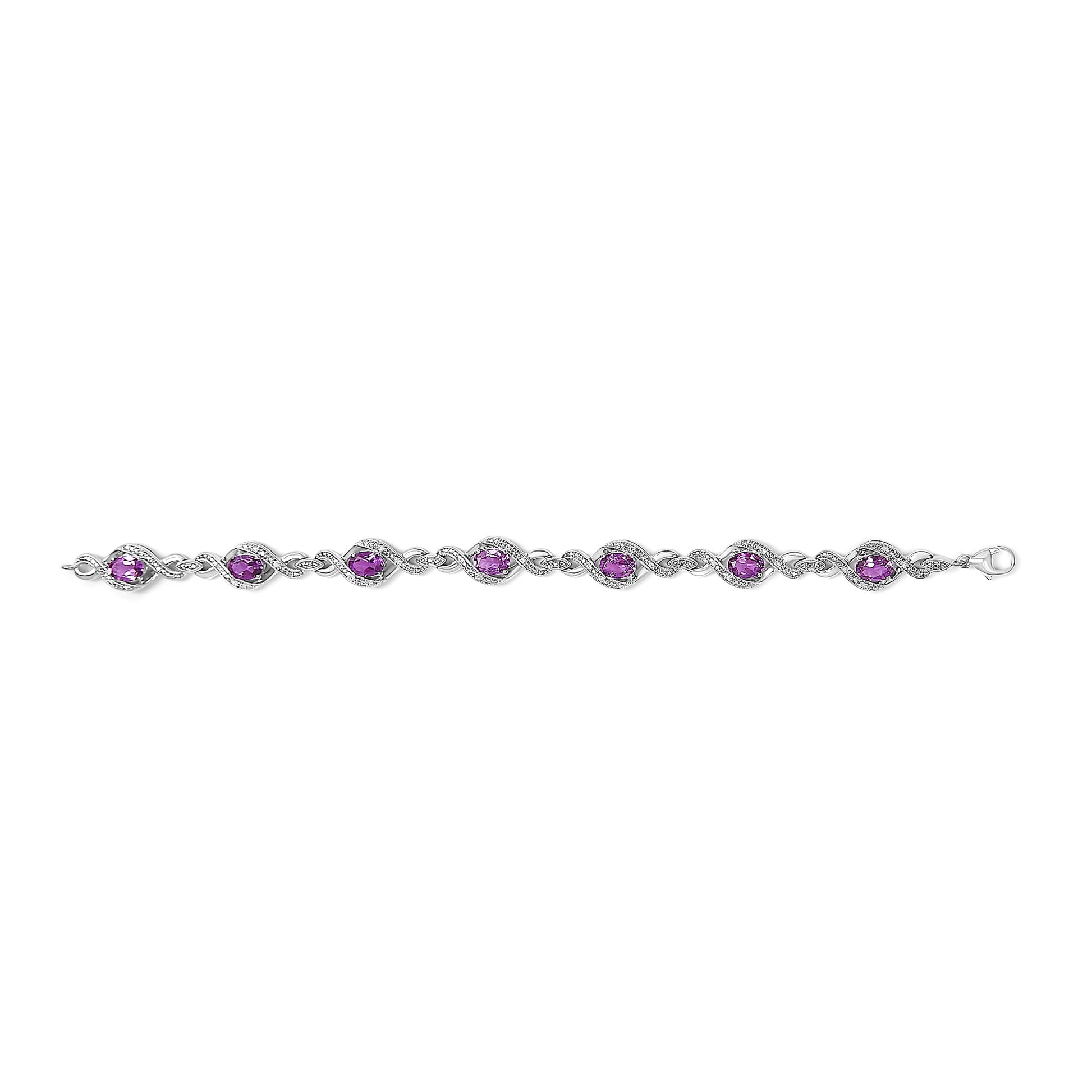 .925 Sterling Silver 1/10 Cttw Natural Round Diamond and 7X5MM Oval Amethyst Cross Tennis Bracelet (I-J Color, I1-I2 Clarity) - 7" Bids.com