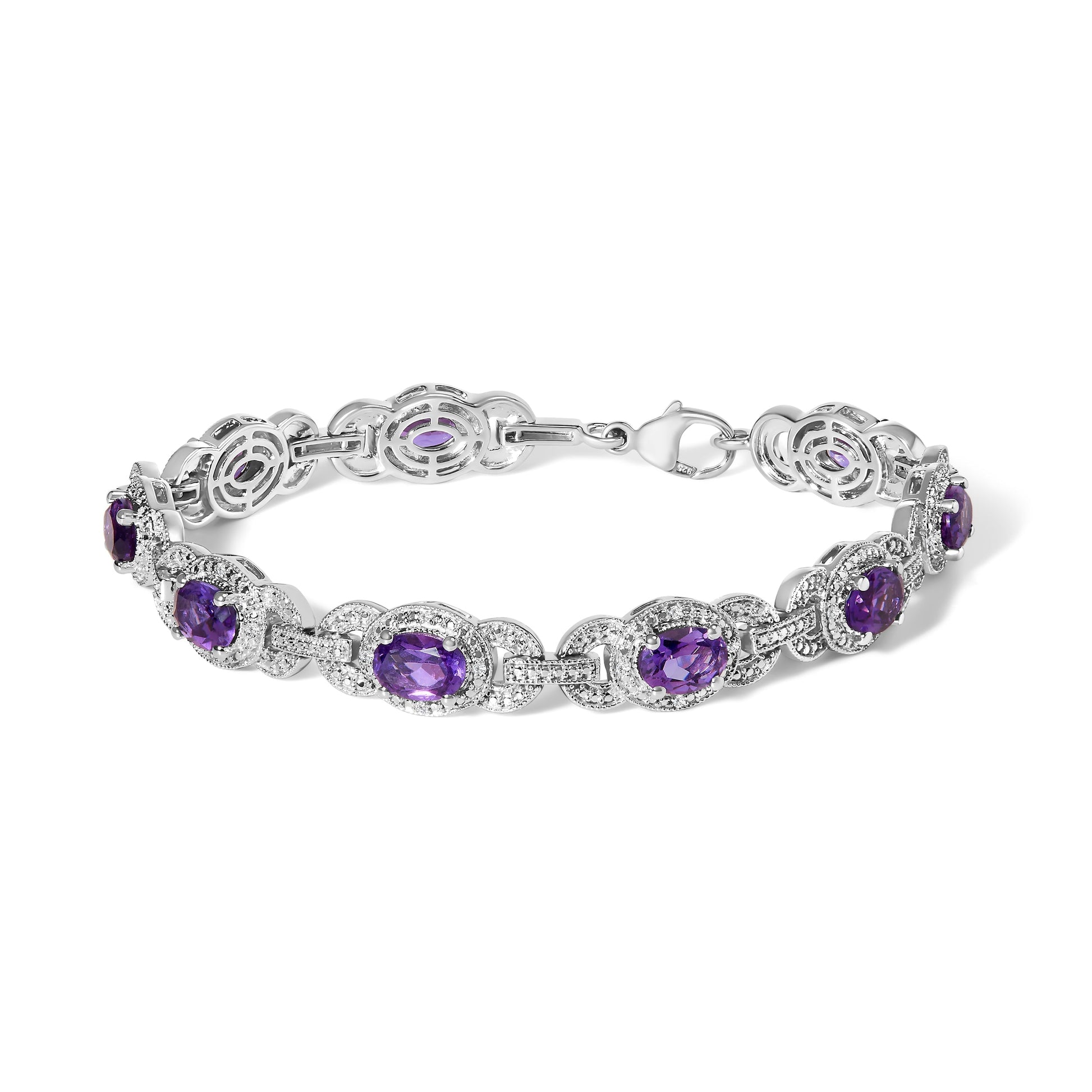 Sterling Silver Oval Purple Amethyst and Diamond Interlocking Halo Link Bracelet Bids.com