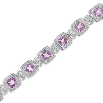 .925 Sterling Silver 7x7 mm Cushion Cut Purple Amethyst and 1/10 cttw Round Cut Diamond Square Shape Tennis Bracelet (I-J Color, I1-I2 Clarity) - 7" Bids.com