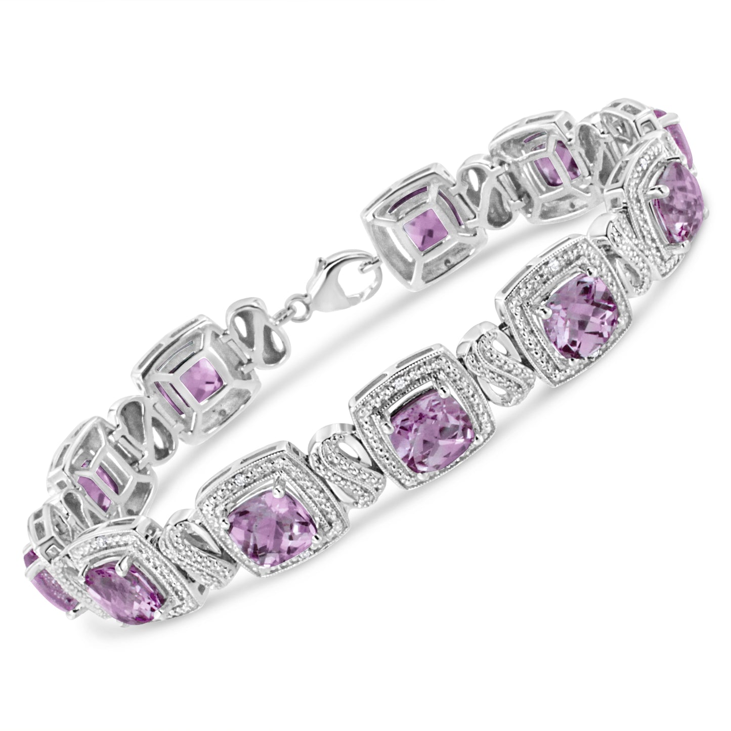 .925 Sterling Silver 7x7 mm Cushion Cut Purple Amethyst and 1/10 cttw Round Cut Diamond Square Shape Tennis Bracelet (I-J Color, I1-I2 Clarity) - 7" Bids.com