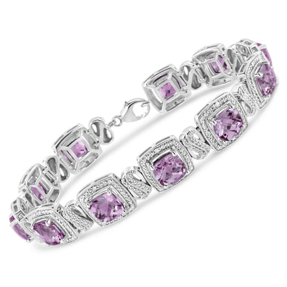 .925 Sterling Silver 7x7 mm Cushion Cut Purple Amethyst and 1/10 cttw Round Cut Diamond Square Shape Tennis Bracelet (I-J Color, I1-I2 Clarity) - 7" Bids.com