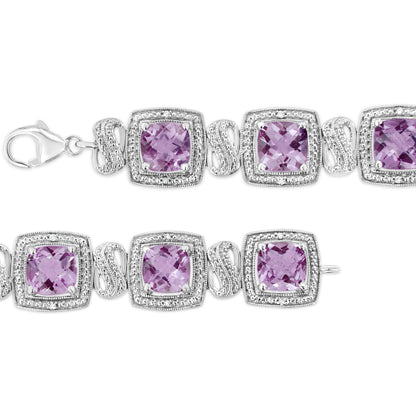 .925 Sterling Silver 7x7 mm Cushion Cut Purple Amethyst and 1/10 cttw Round Cut Diamond Square Shape Tennis Bracelet (I-J Color, I1-I2 Clarity) - 7" Bids.com